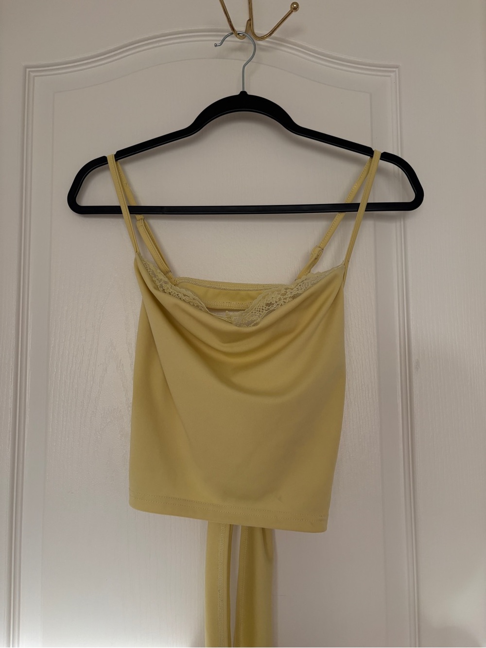 SHEIN Yellow Lace Trim Cowl Neck Tank Top